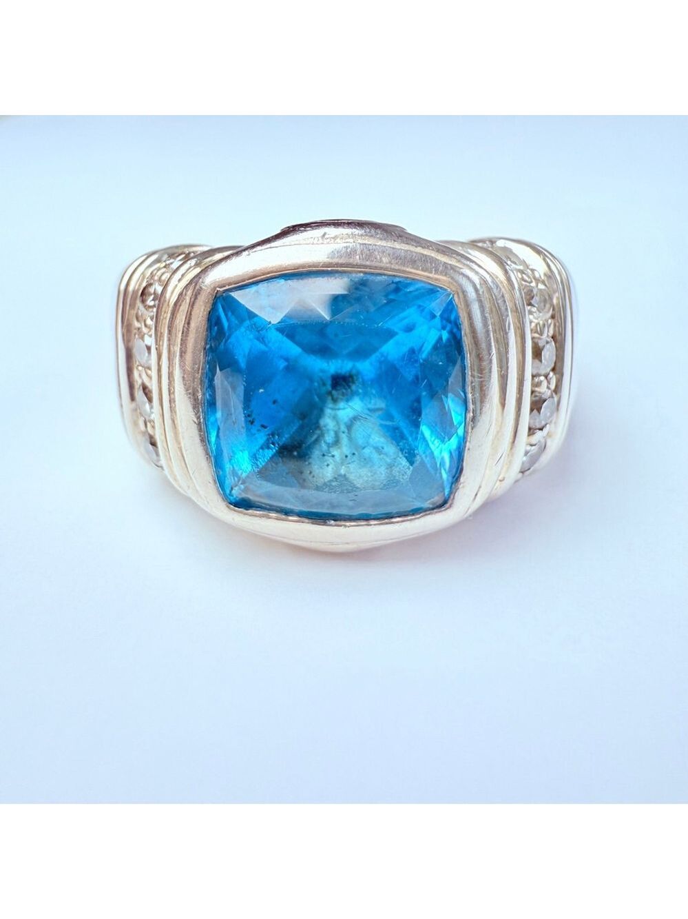 Scott Kay 4 CT London Blue Topaz Diamond Basket Weave Sterling Silver 925 Ring
